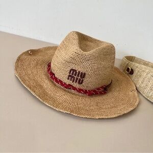 Miu Miu Tan Straw Hat with Red Accent